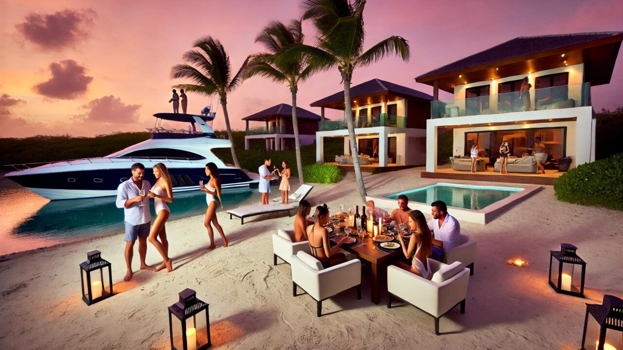 costa rica bachelor party 2024 mansion beach villa with friends and boat dock with yacht